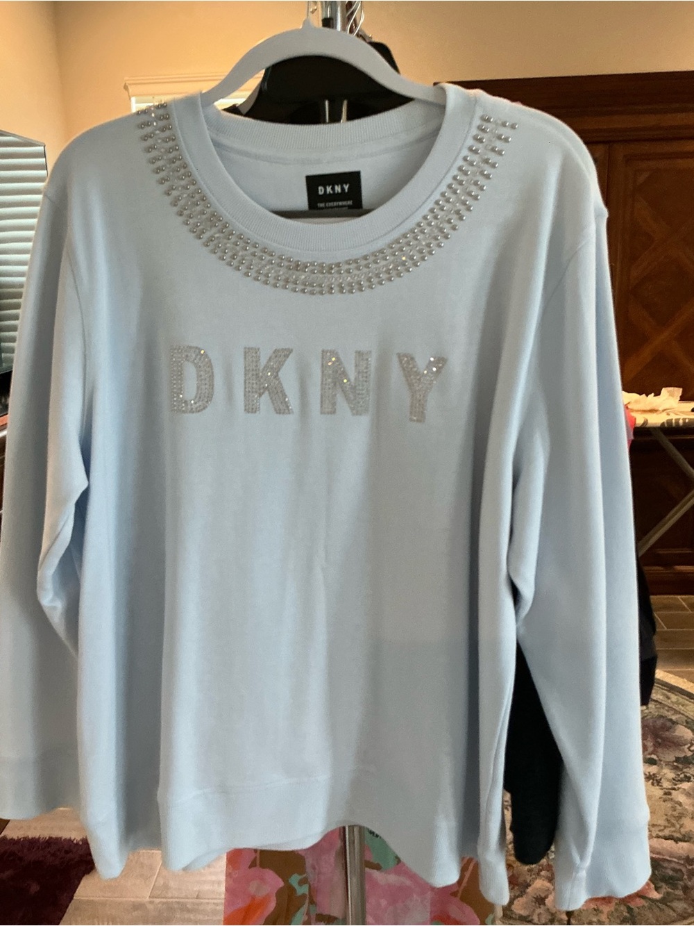 DKNY Light Blue Crystal-Embellished Logo Sweatshirt